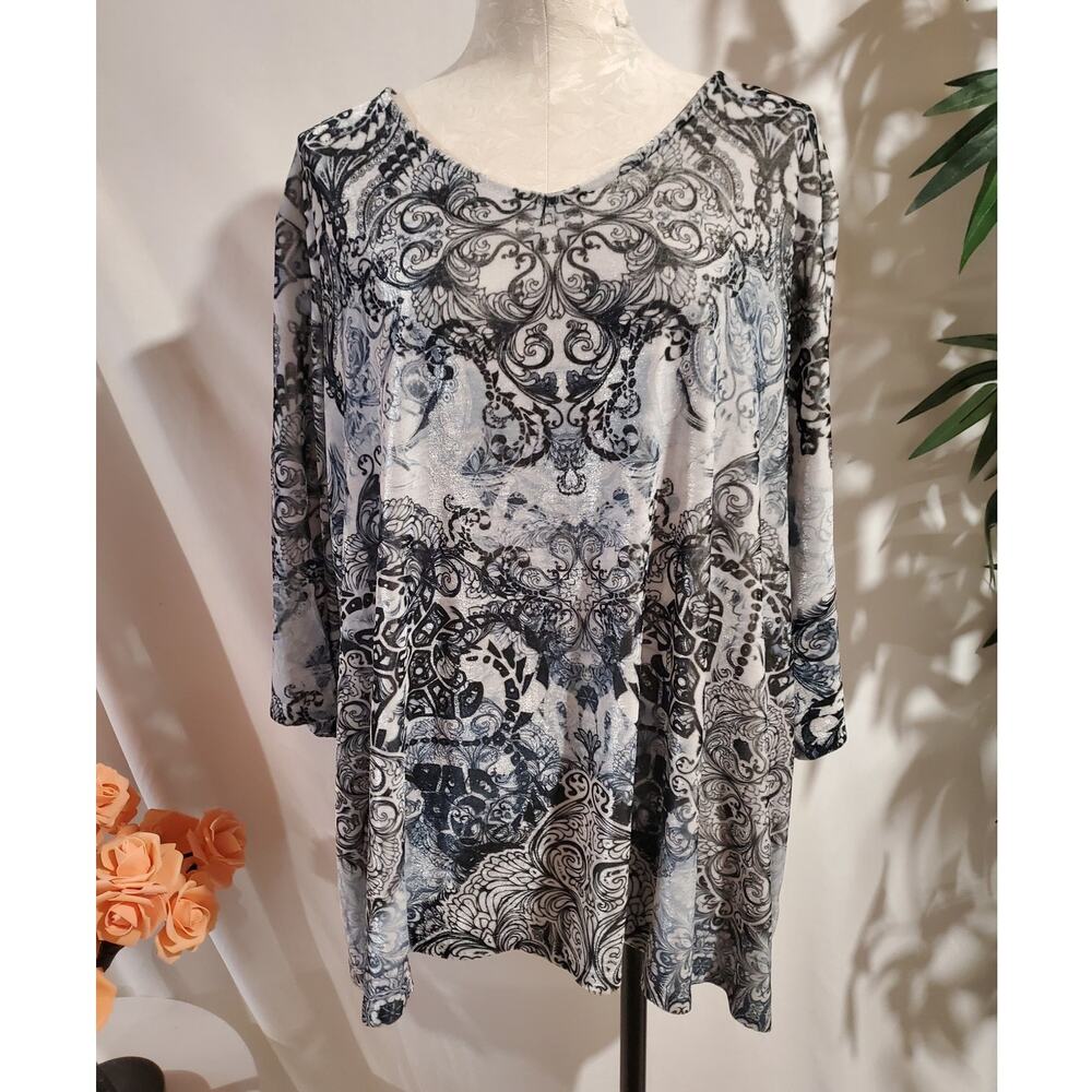 Catherines Velour Velvet V-Neck Paisley Boho Print 3/4 Sleeve Tunic Top Size 2X